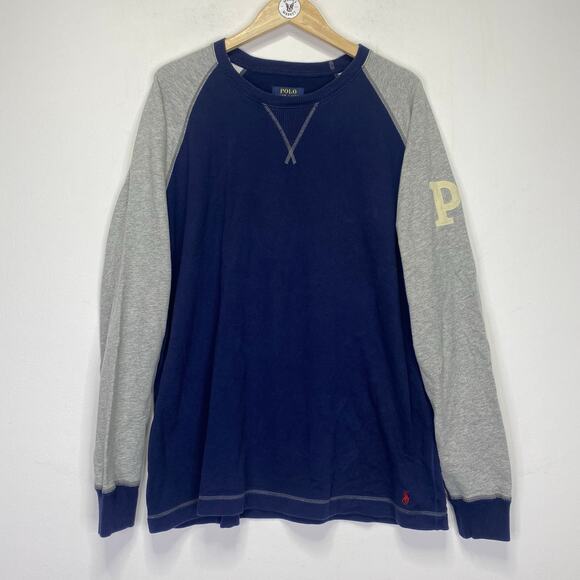 Polo RALPH LAUREN Varsity Patch Raglan Long Sleeve T-shirt 2XL Blue Grey Preppy - Picture 2 of 8